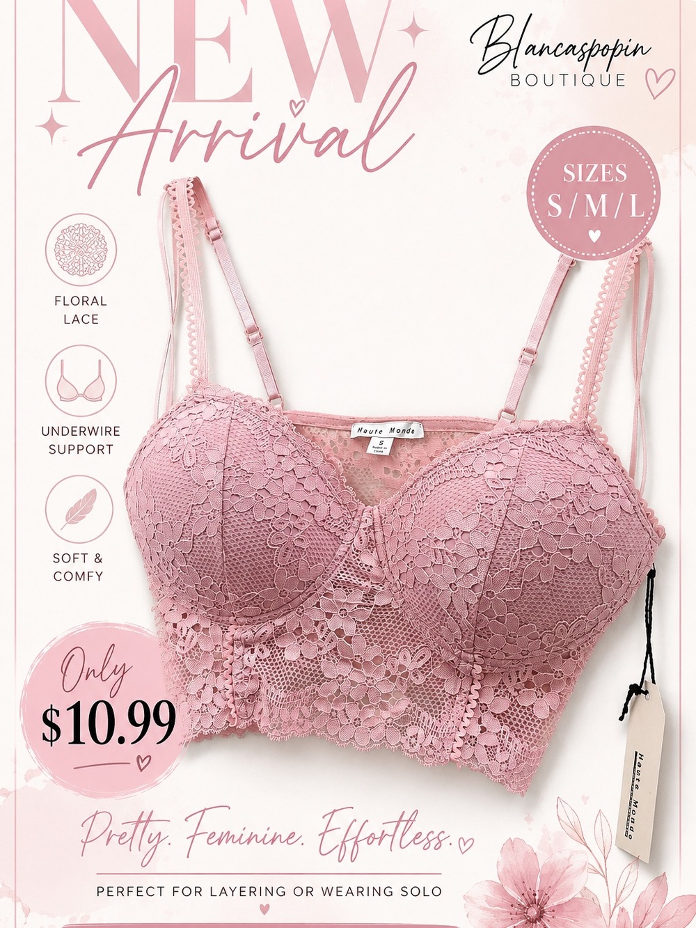 Floral Lace Bralette - Pink